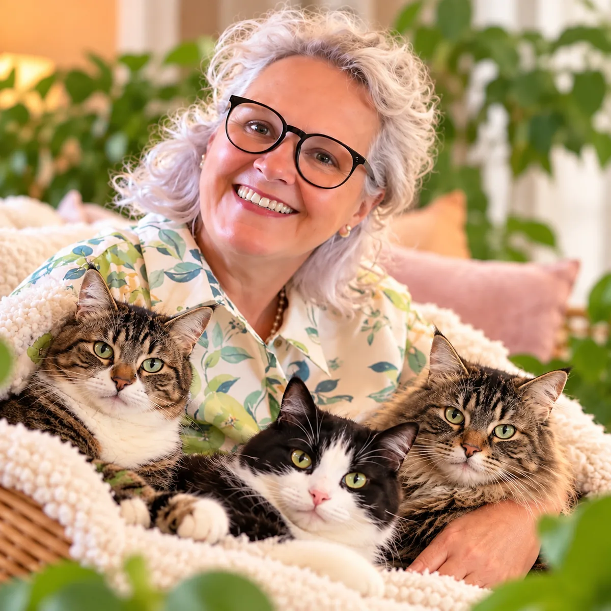 Your Purrfect Sitter relaxing at home with three cats, showing the calm one-to-one care given on cat sitting visits in Oakham