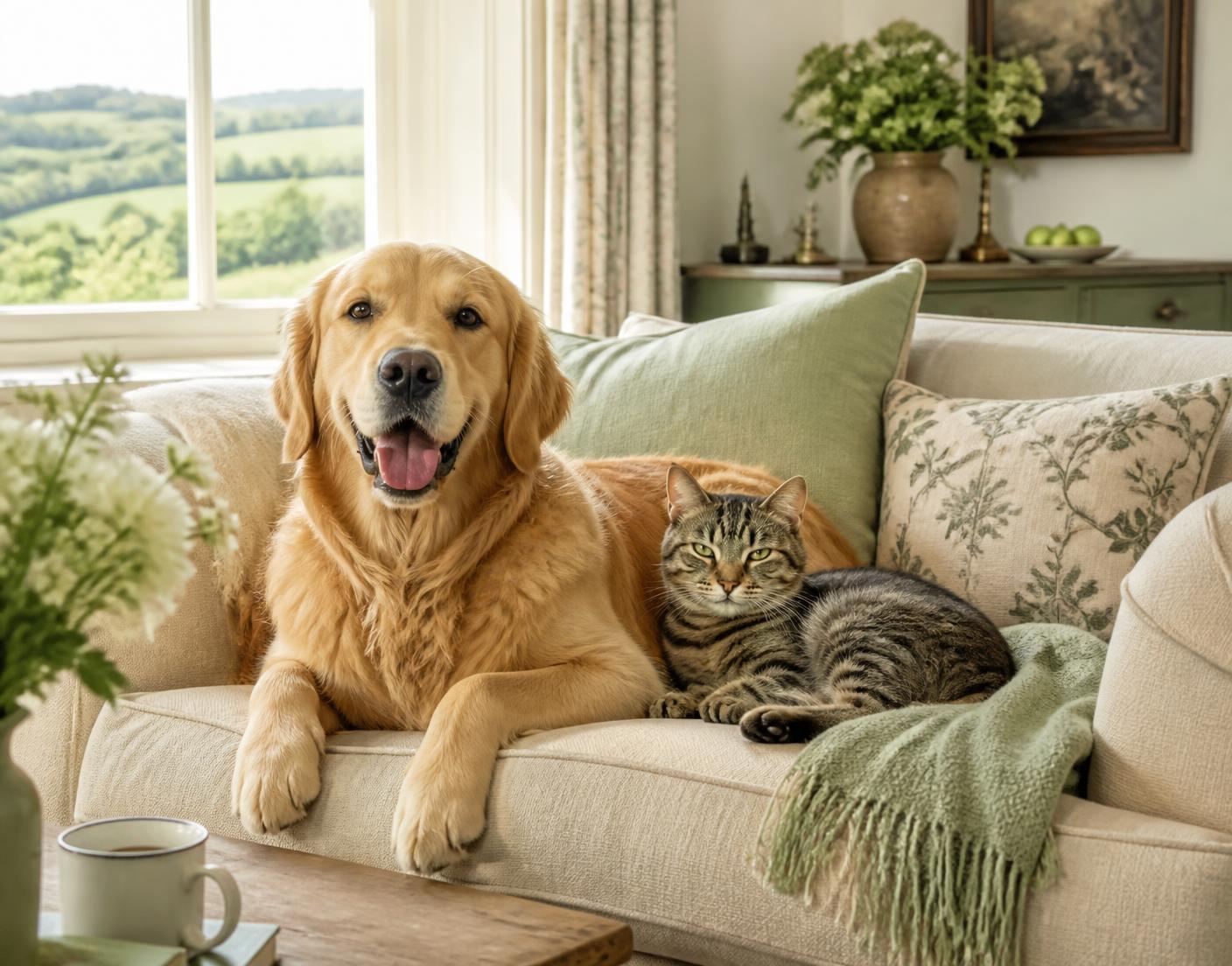 A relaxed golden retriever and tabby cat resting together on a cream sofa in a Rutland country home