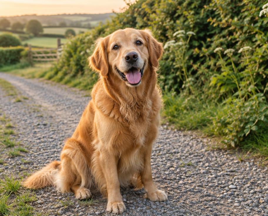 A golden retriever sitting happily on a country path surrounded by green hedgerows