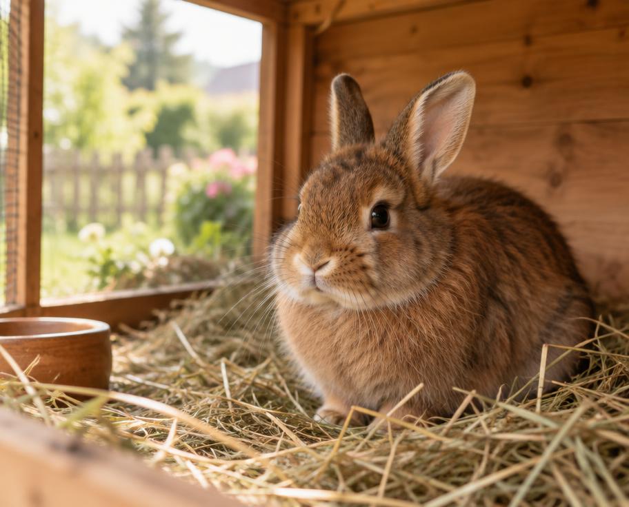 A fluffy brown rabbit resting on fresh hay inside a cosy wooden hutch
